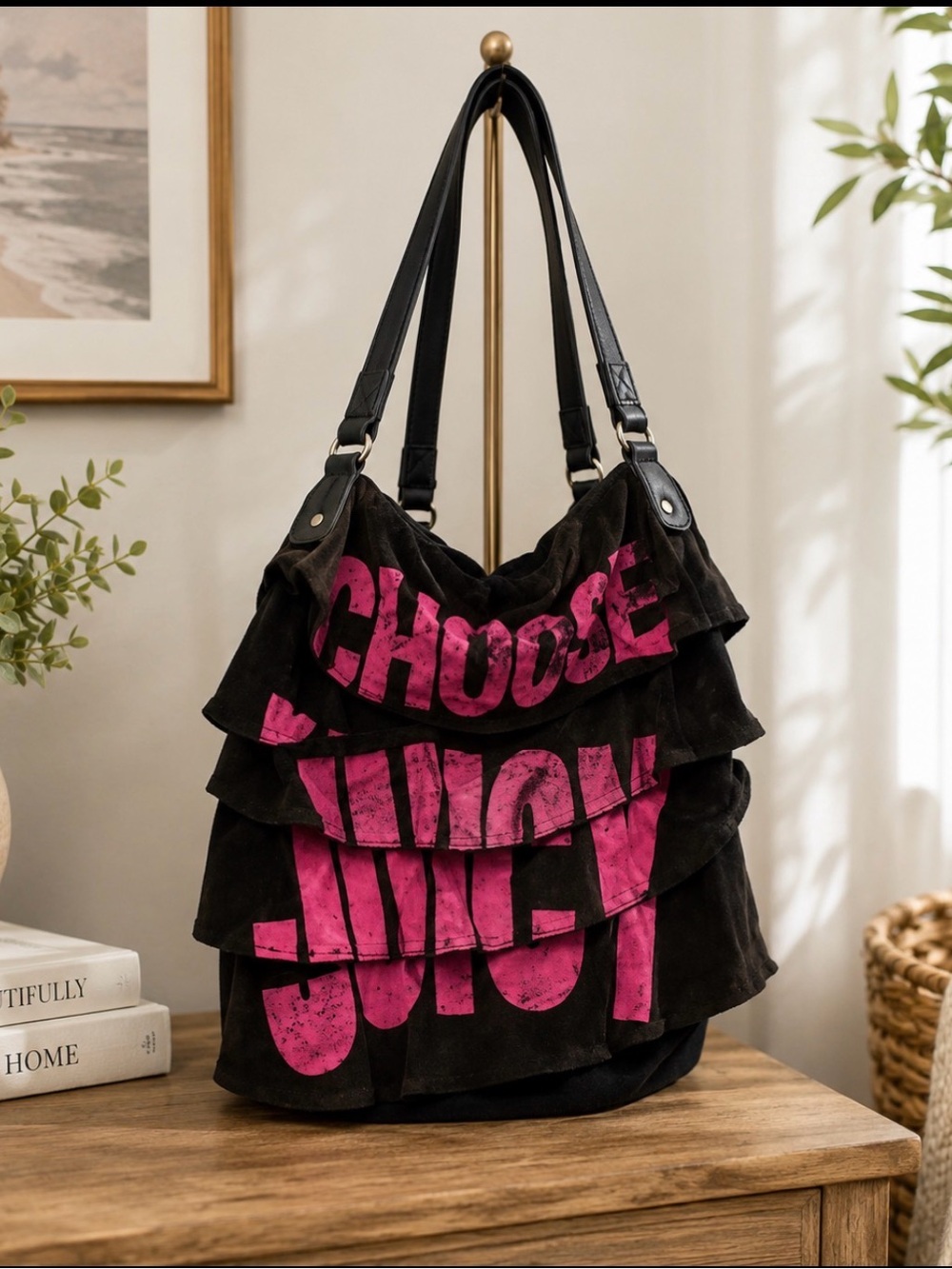 Juicy Couture choose juicy terry cloth bucket bag black hot pink logo